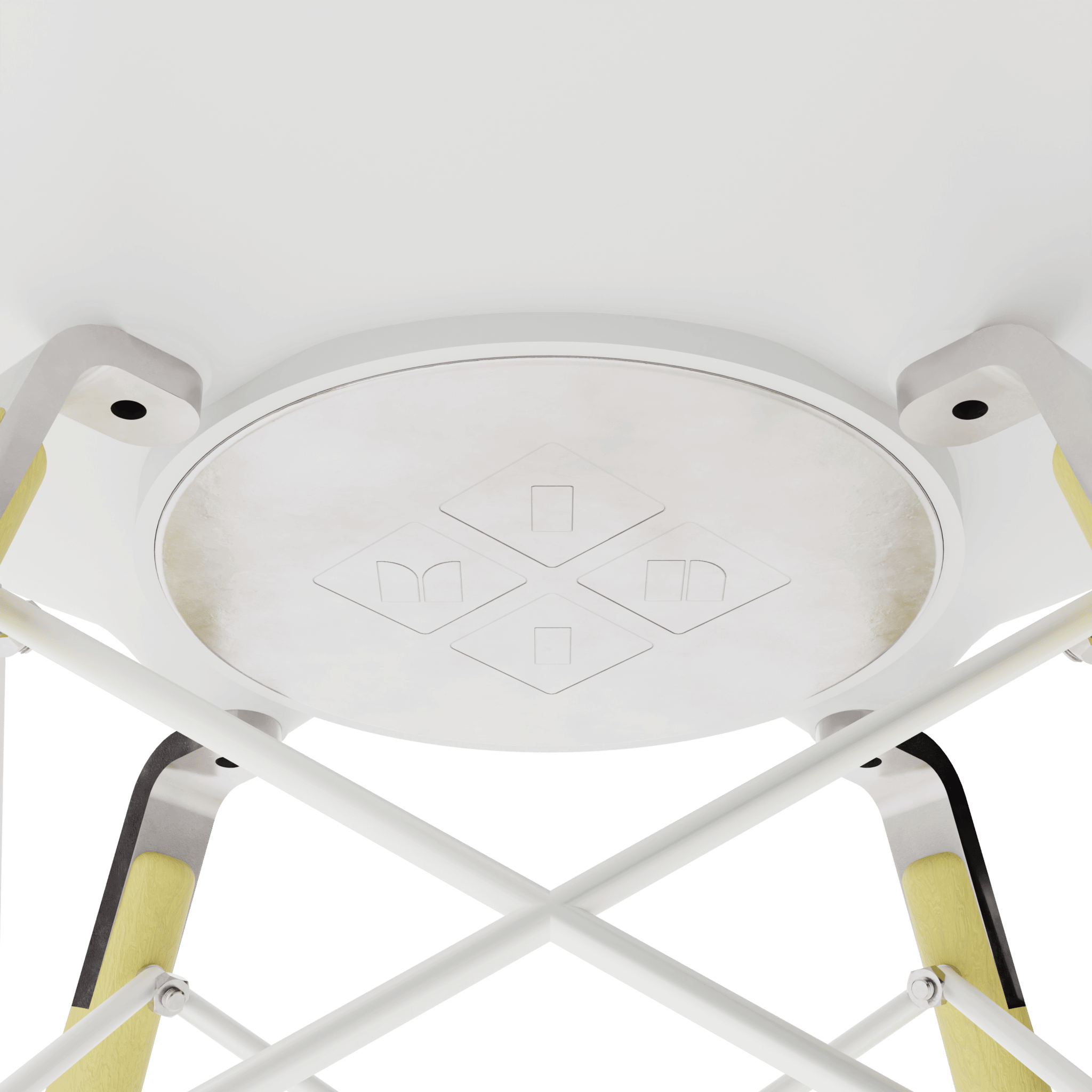 White MicroShell Chair underside showcasing mid-century modern design and translucent finish with cross metal base.